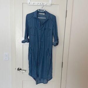 Chambray Button-Down Shirt Dress in Dusty Blue standard grace